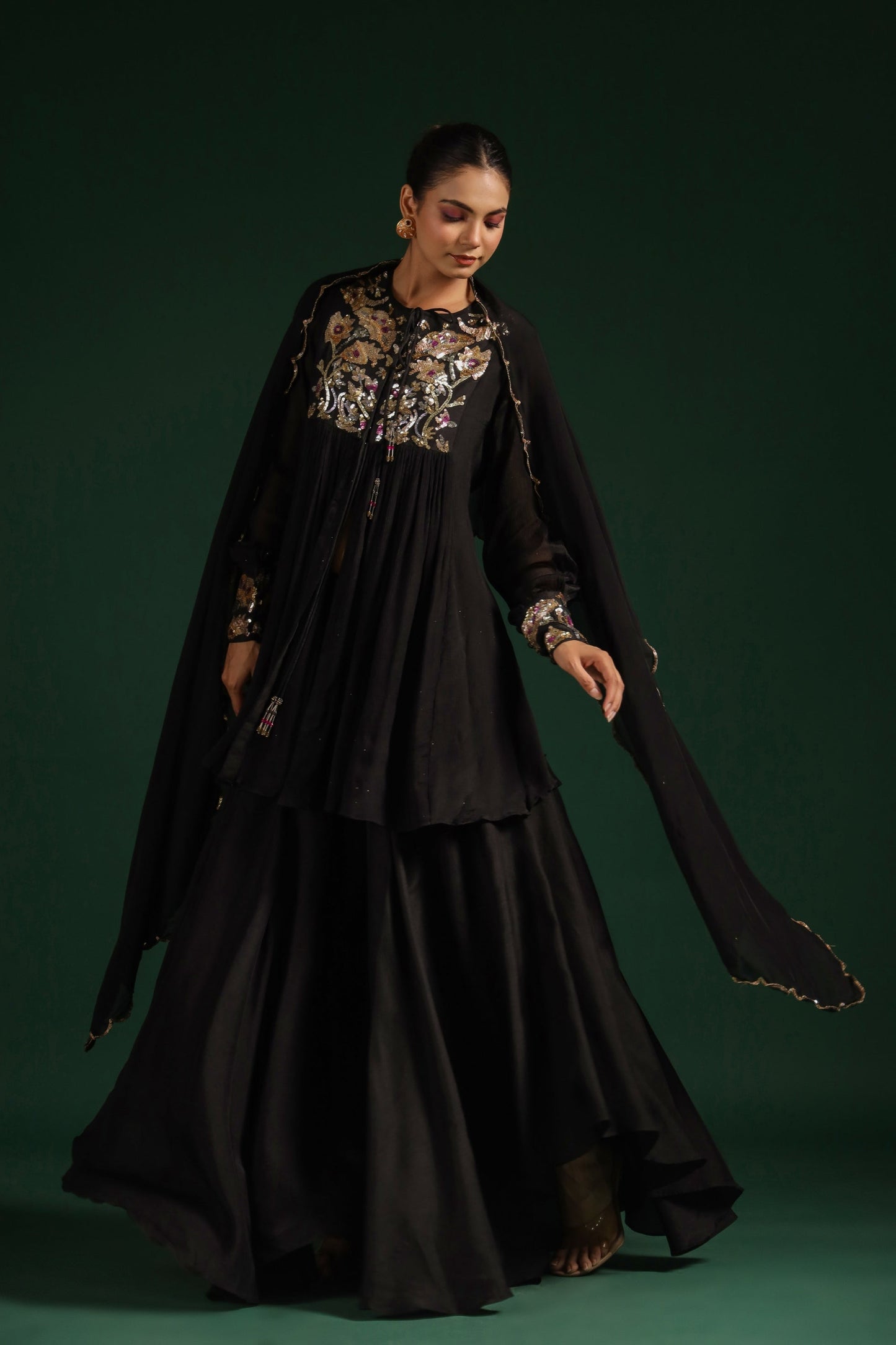 SummerFalling-Black Embellished Premium Chinon Silk Skirt Set