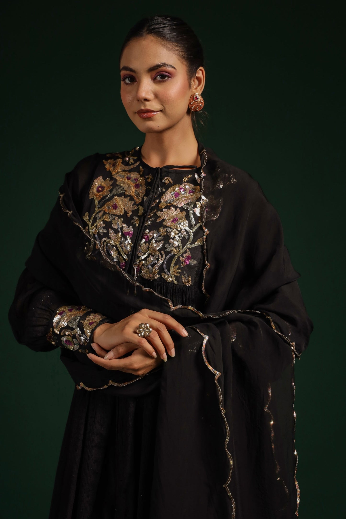 SummerFalling-Black Embellished Premium Chinon Silk Skirt Set