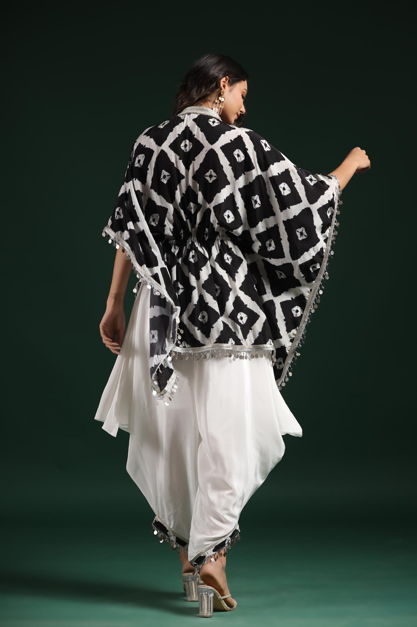 SummerFalling-Black & White Printed Habutai Silk Kaftan Dhoti Set
