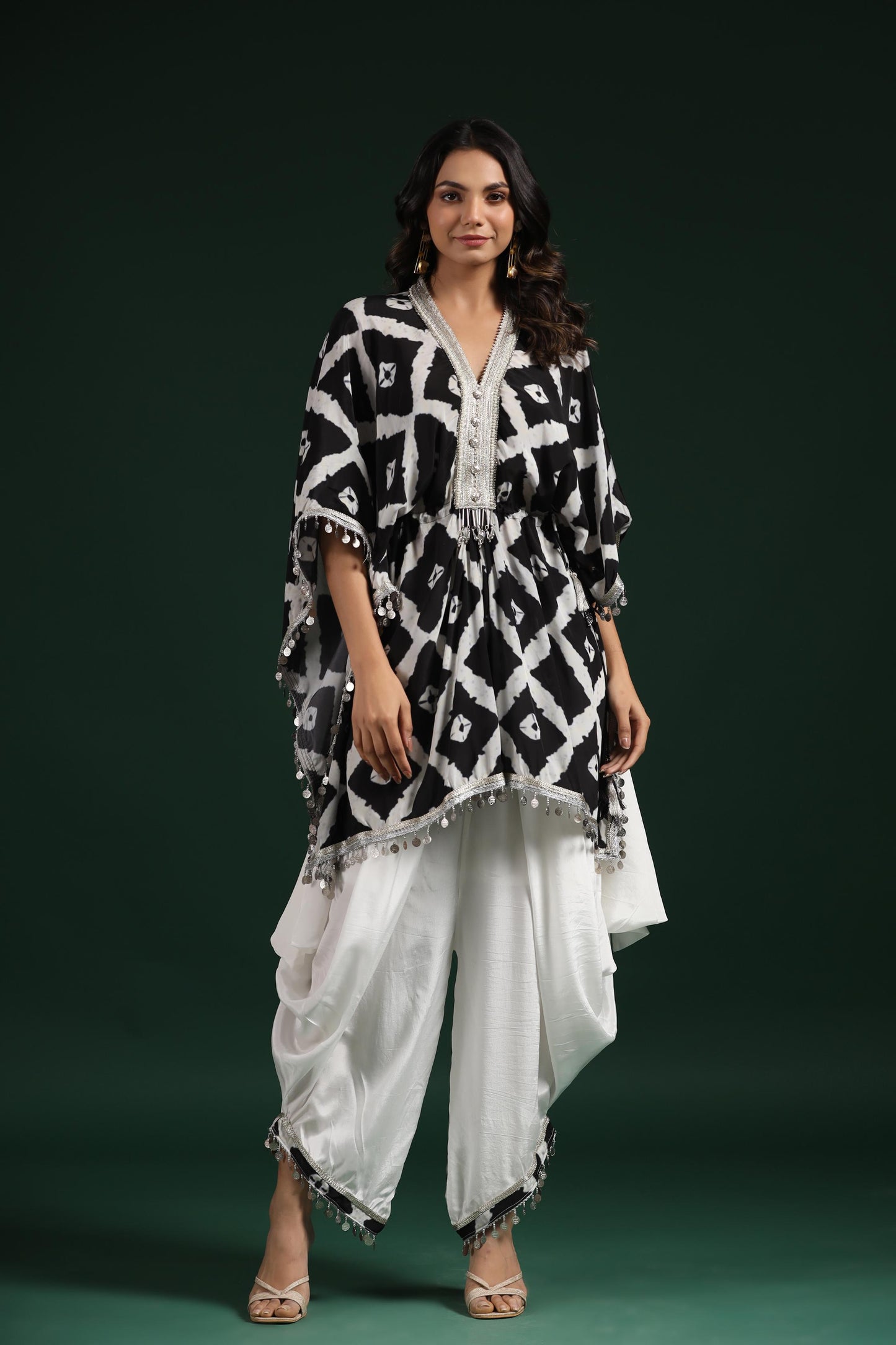 SummerFalling-Black & White Printed Habutai Silk Kaftan Dhoti Set