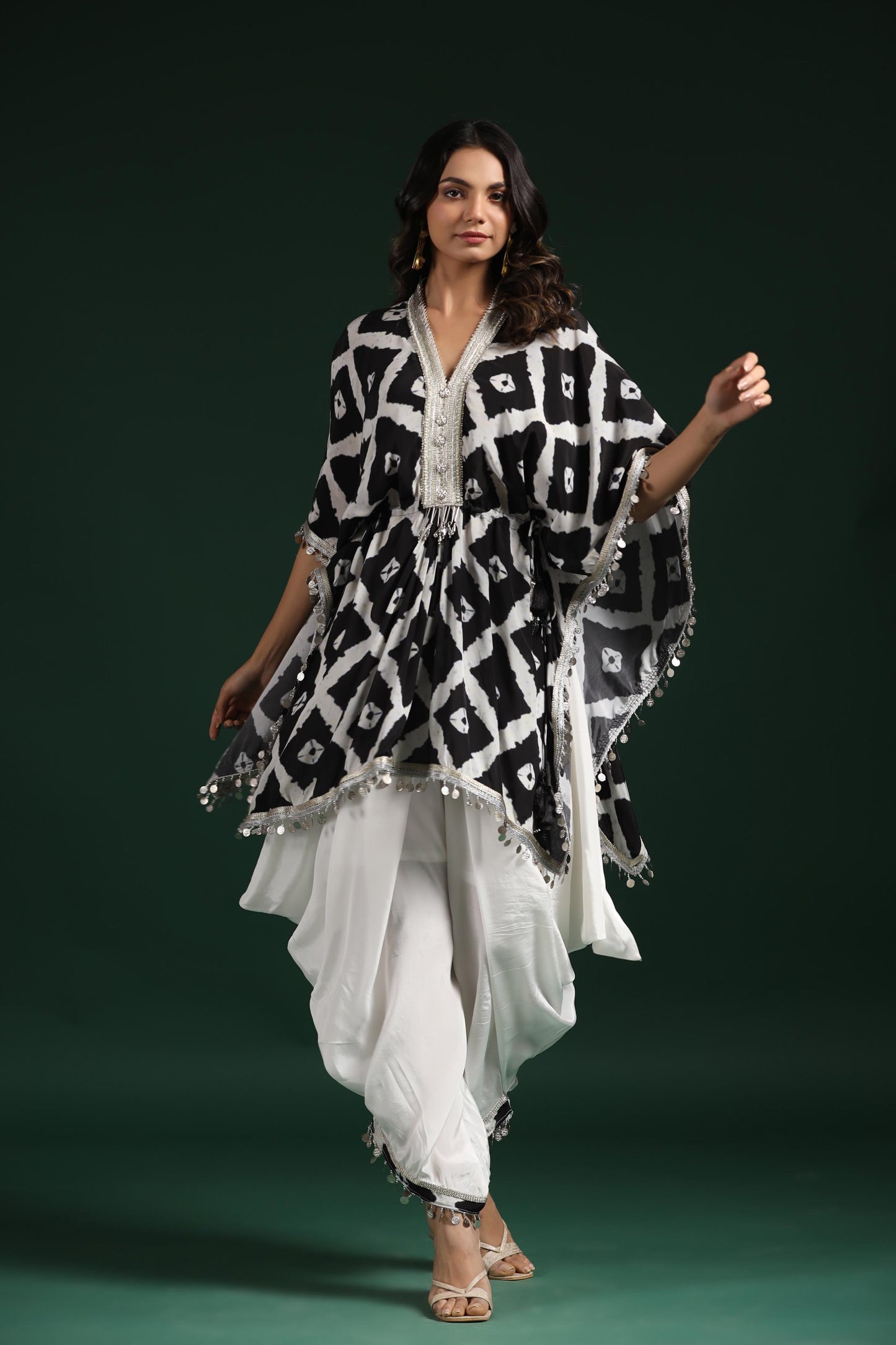 SummerFalling-Black & White Printed Habutai Silk Kaftan Dhoti Set