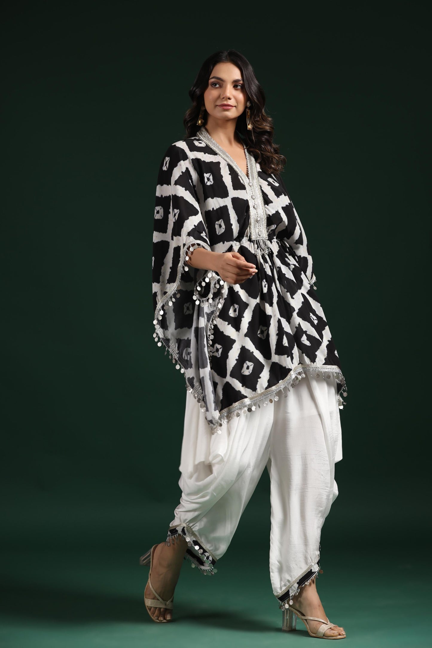 SummerFalling-Black & White Printed Habutai Silk Kaftan Dhoti Set