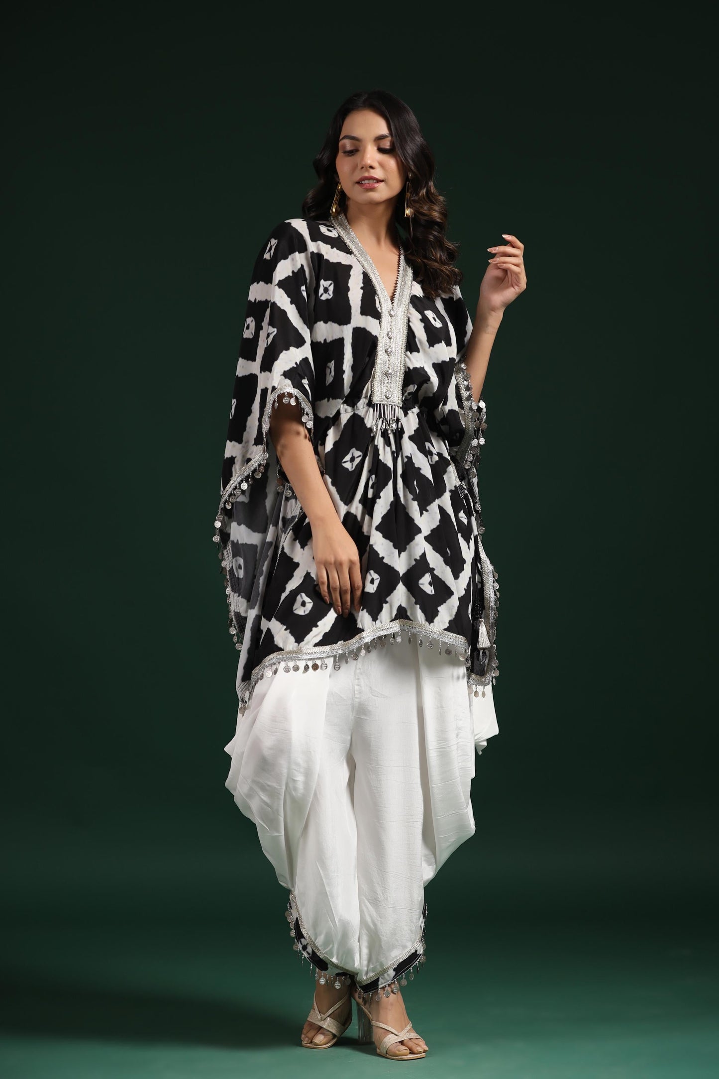 SummerFalling-Black & White Printed Habutai Silk Kaftan Dhoti Set