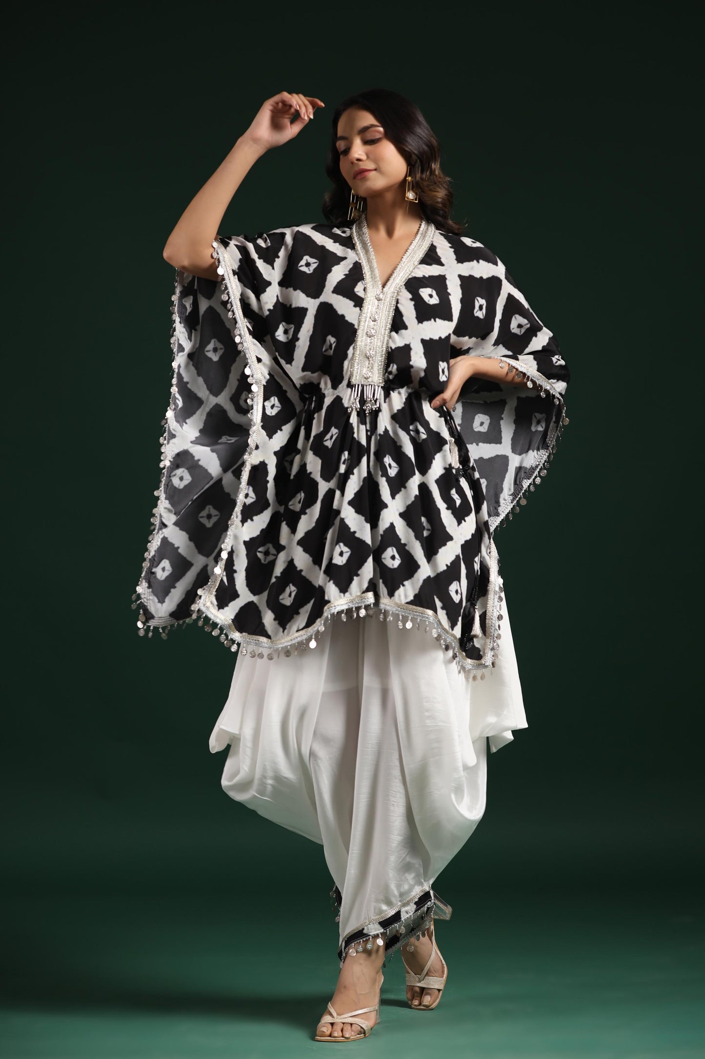 SummerFalling-Black & White Printed Habutai Silk Kaftan Dhoti Set