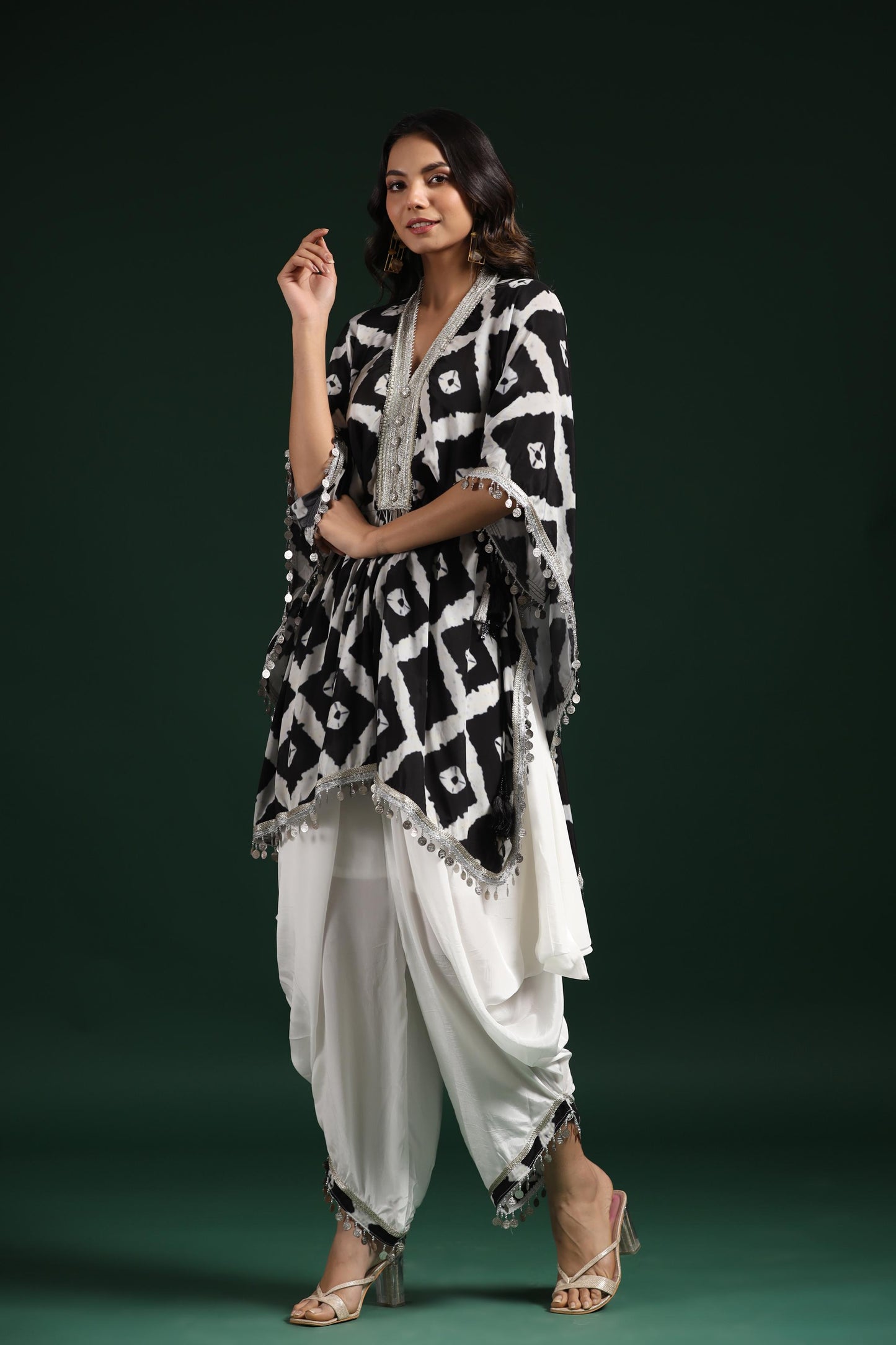 SummerFalling-Black & White Printed Habutai Silk Kaftan Dhoti Set