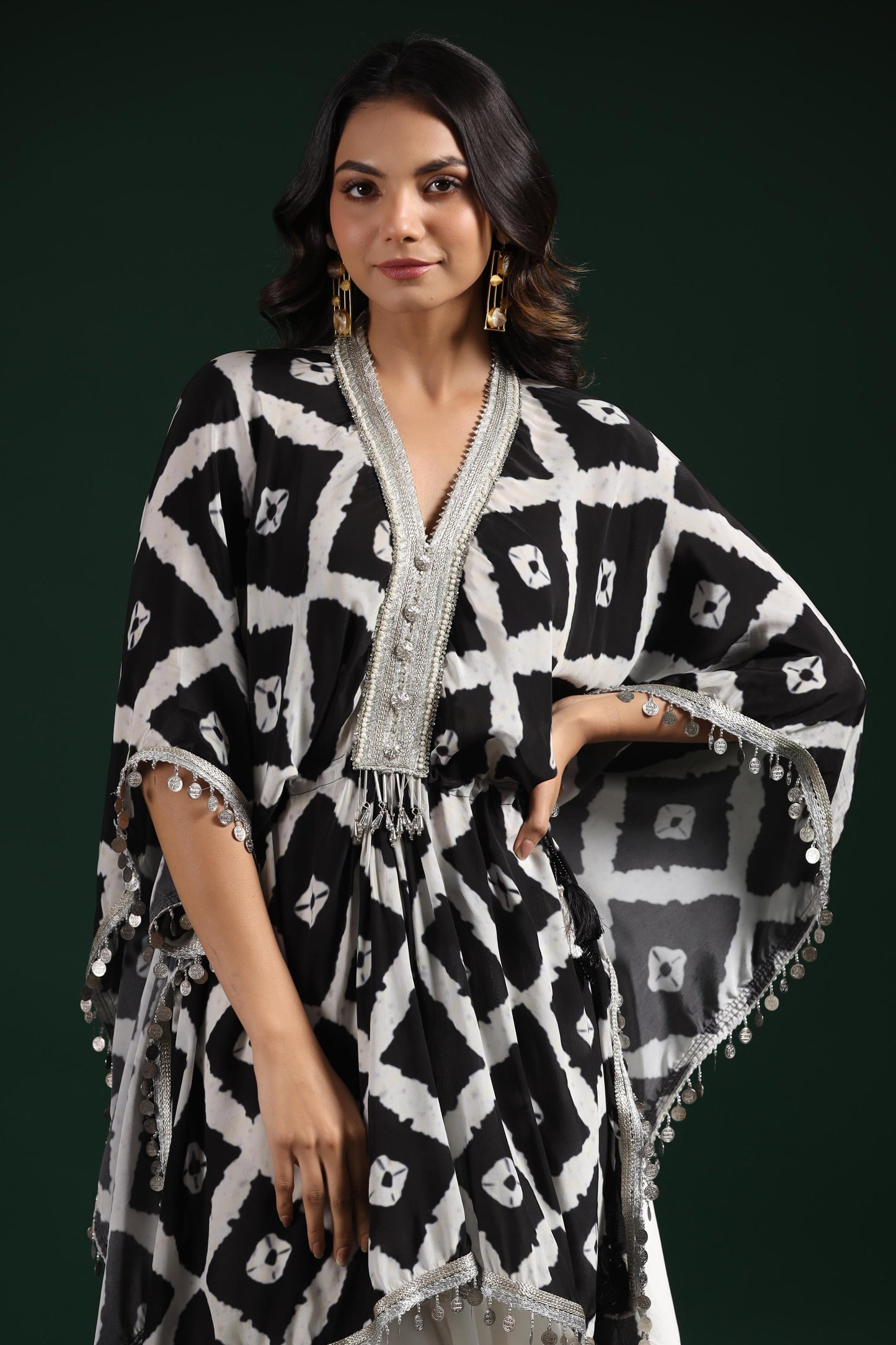 SummerFalling-Black & White Printed Habutai Silk Kaftan Dhoti Set