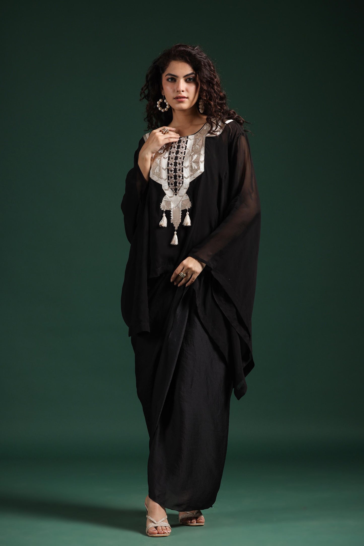 SummerFalling-Black Embellished Organza Silk Draped Skirt Set