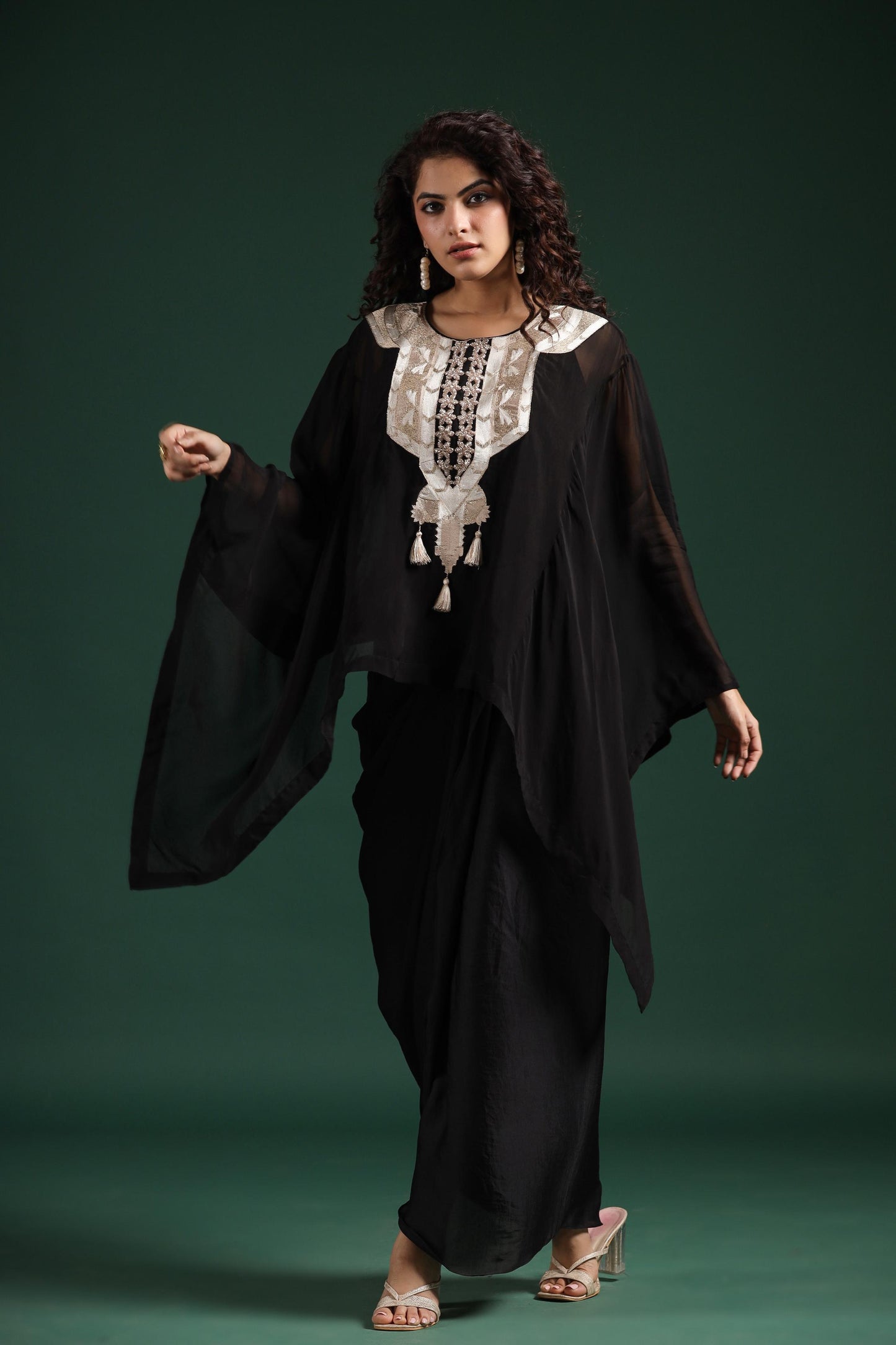 SummerFalling-Black Embellished Organza Silk Draped Skirt Set