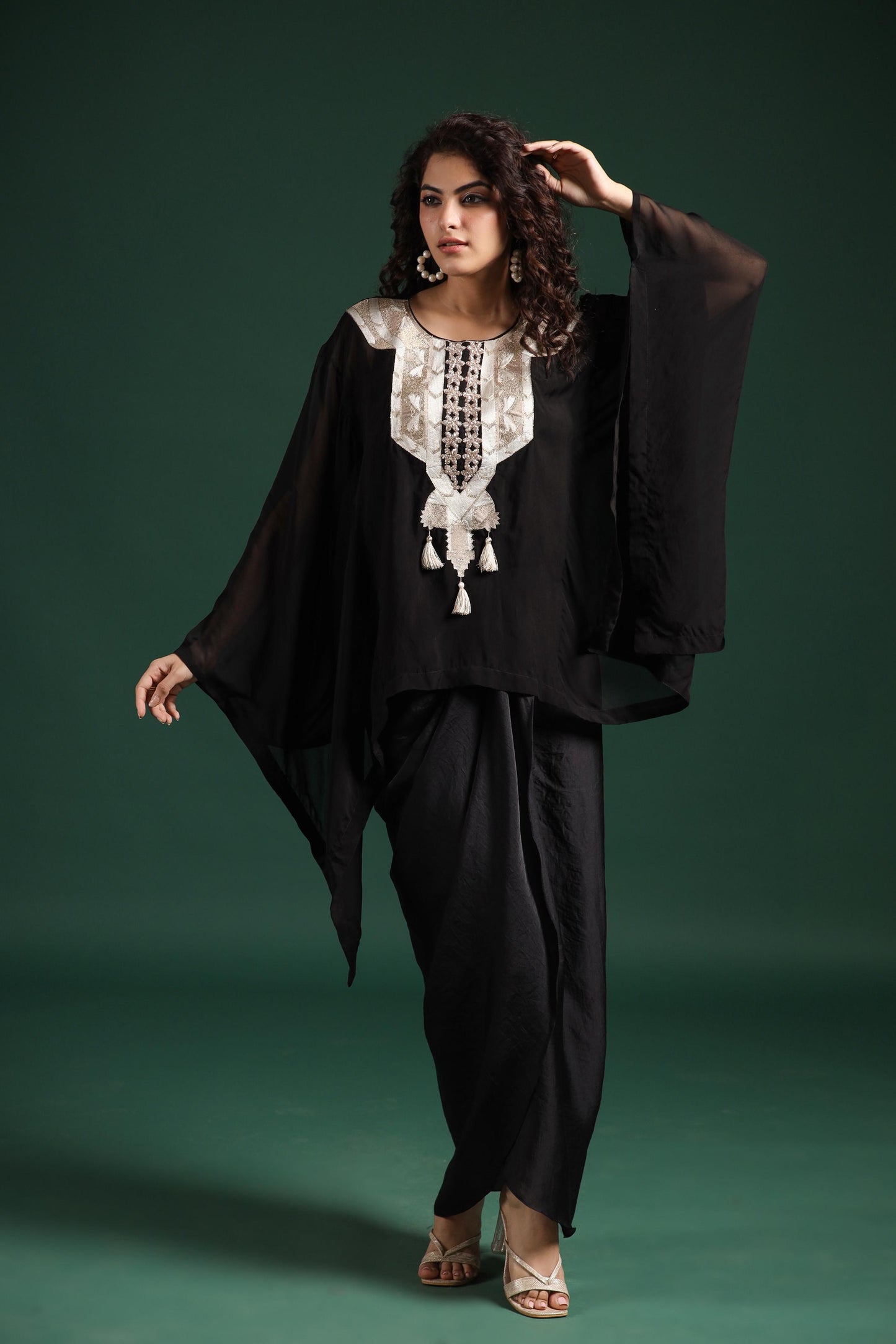 SummerFalling-Black Embellished Organza Silk Draped Skirt Set