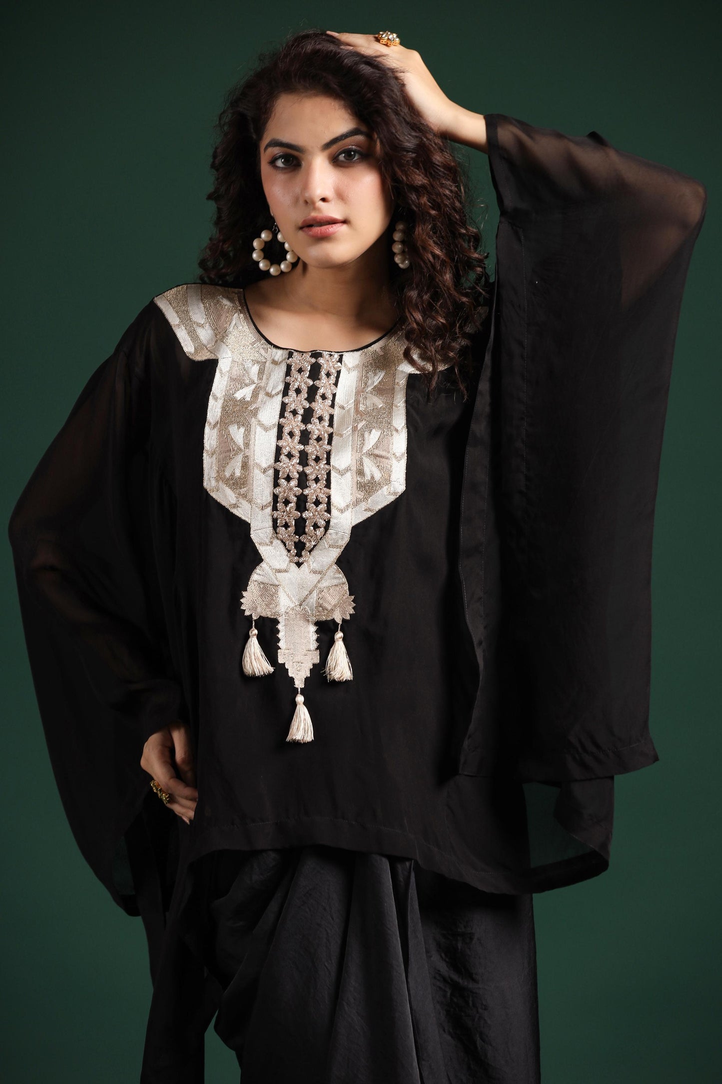 SummerFalling-Black Embellished Organza Silk Draped Skirt Set