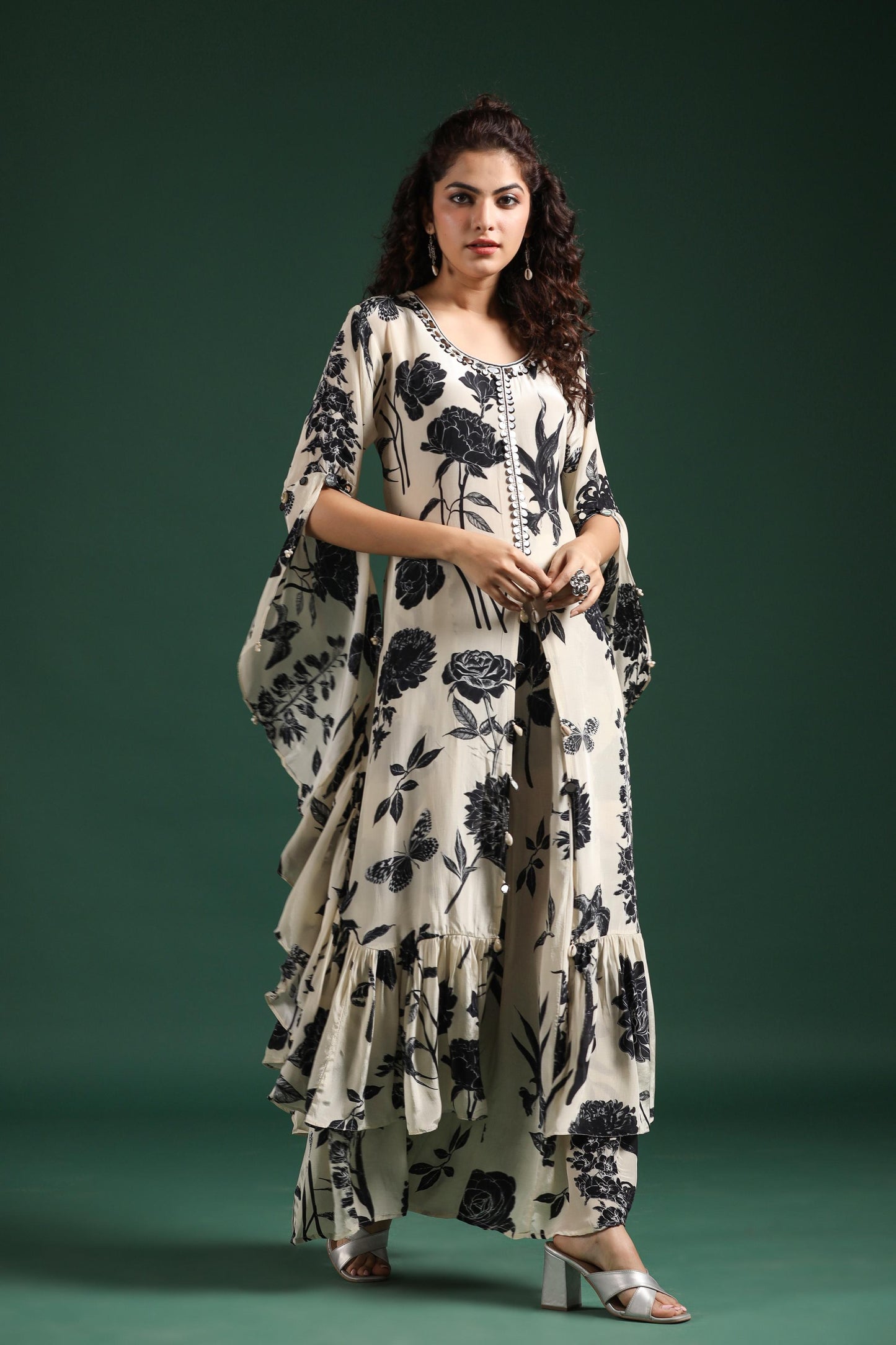 SummerFalling-Black & White Digital Printed Muslin Silk Palazzo Set