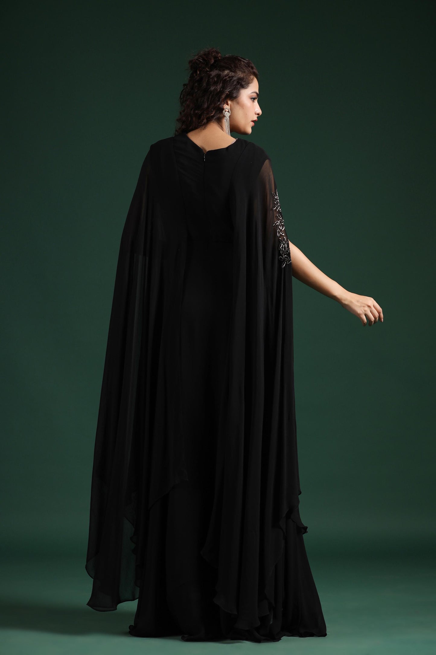 SummerFalling-Black Embellished Crystal Georgette Silk Cape Gown