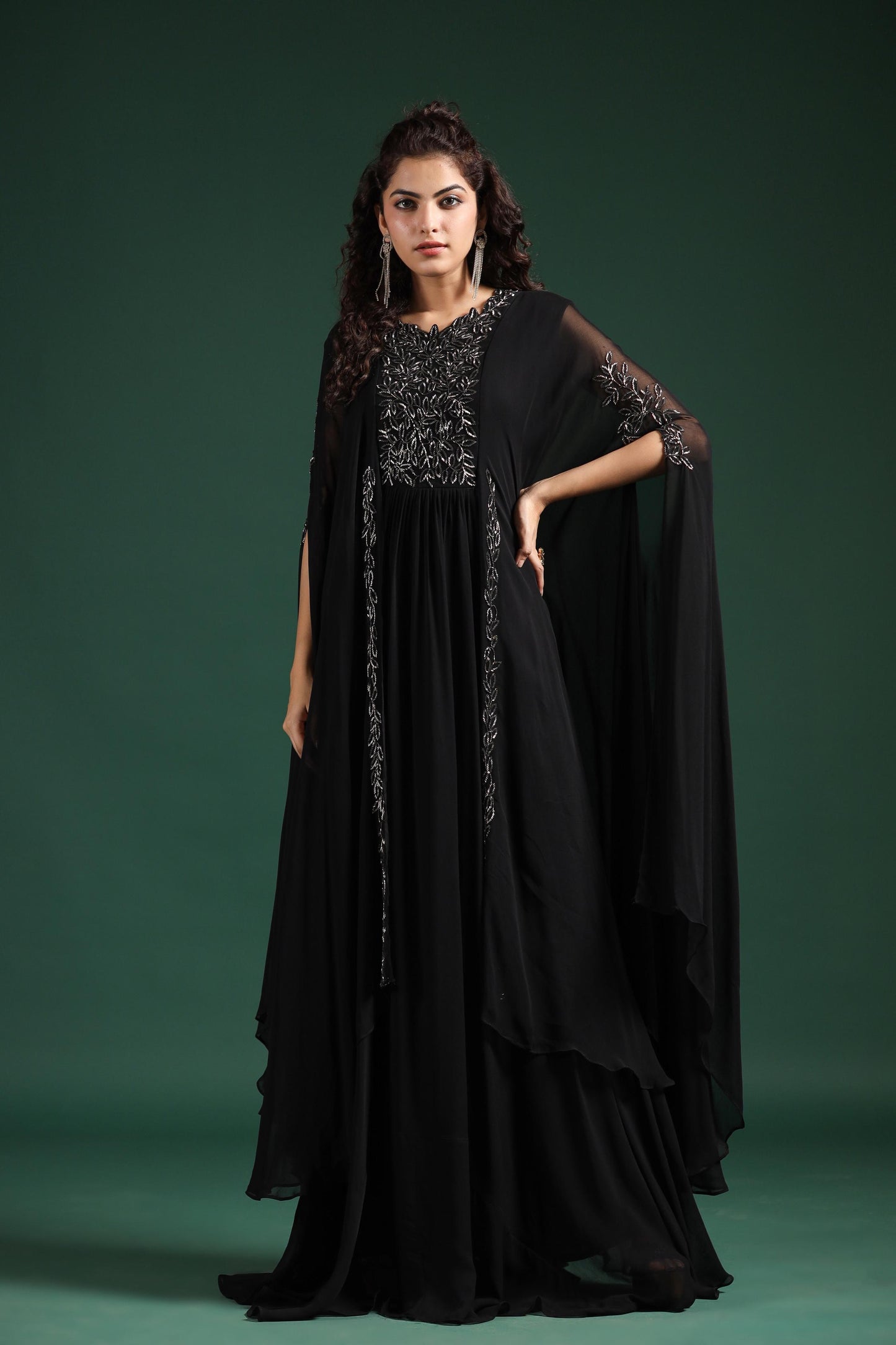 SummerFalling-Black Embellished Crystal Georgette Silk Cape Gown