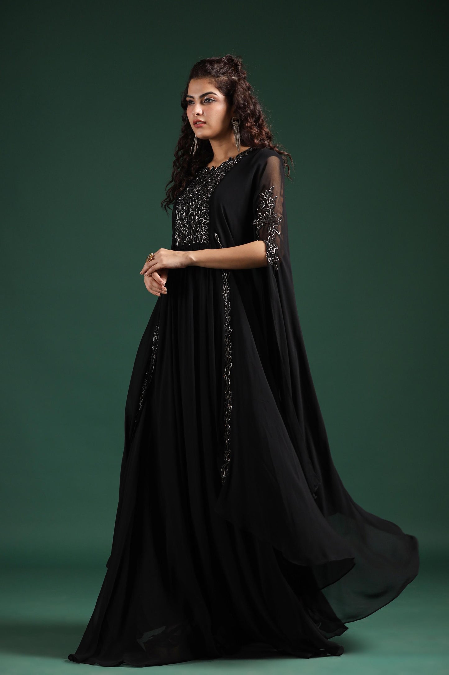 SummerFalling-Black Embellished Crystal Georgette Silk Cape Gown