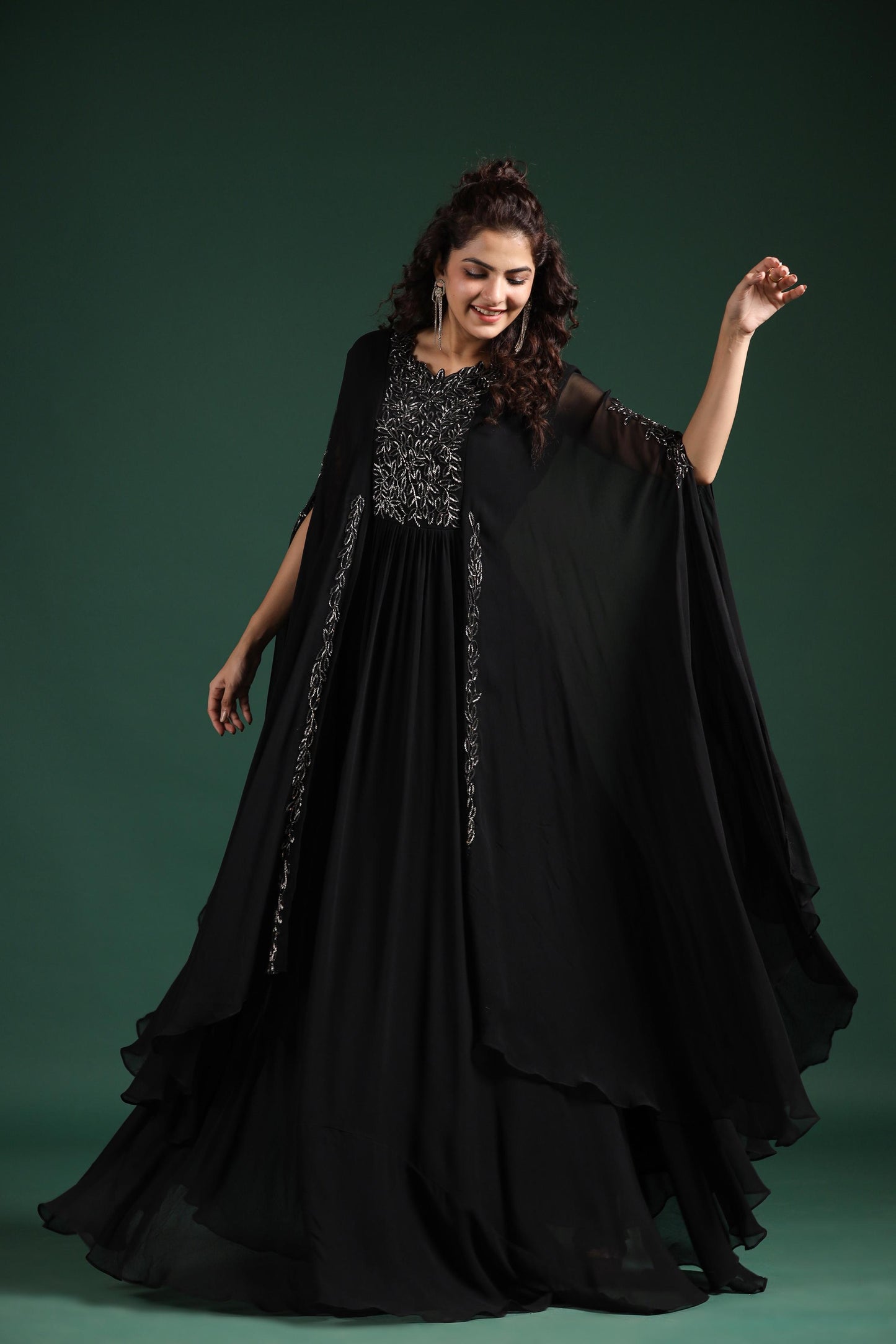 SummerFalling-Black Embellished Crystal Georgette Silk Cape Gown