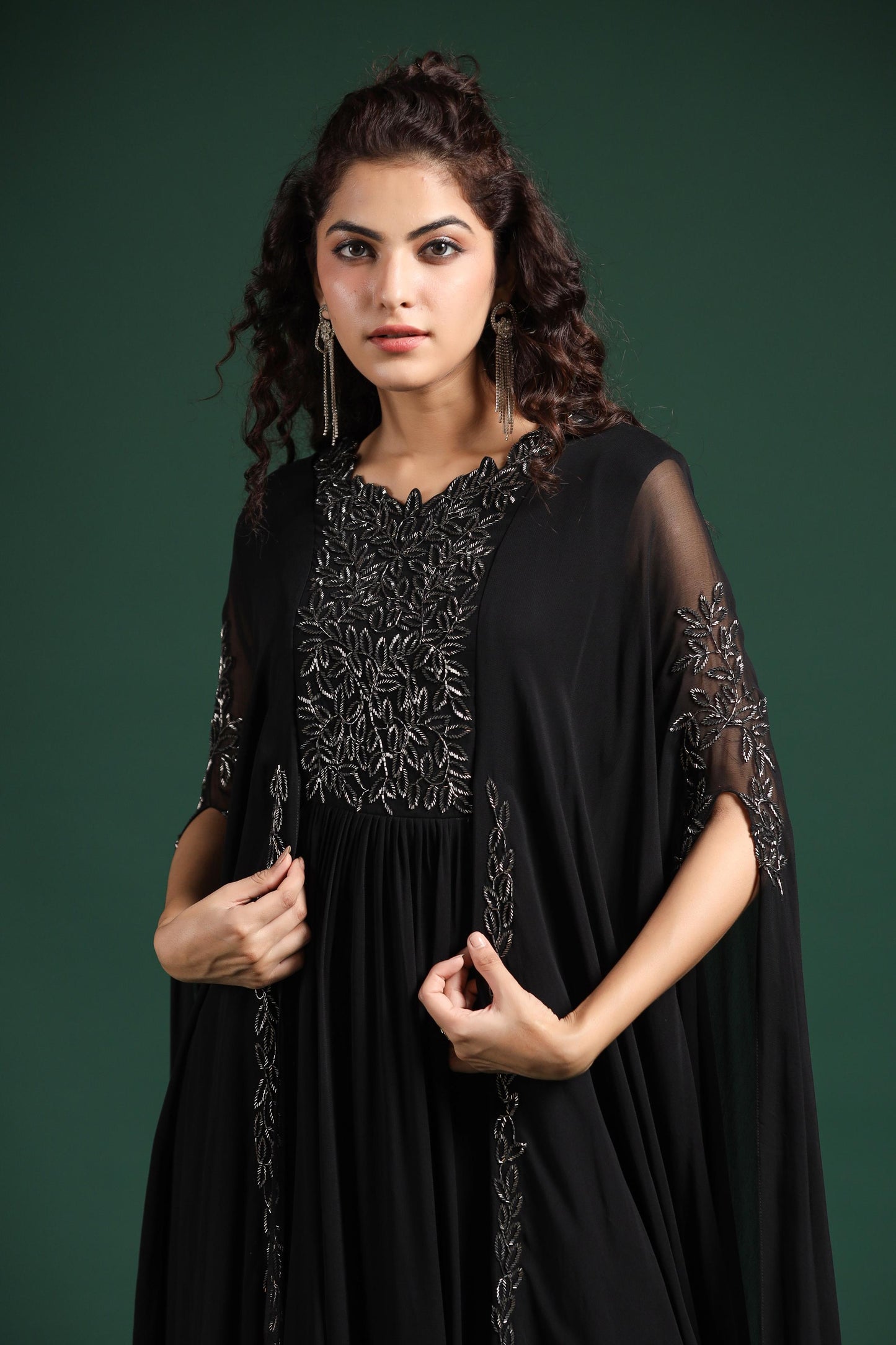 SummerFalling-Black Embellished Crystal Georgette Silk Cape Gown