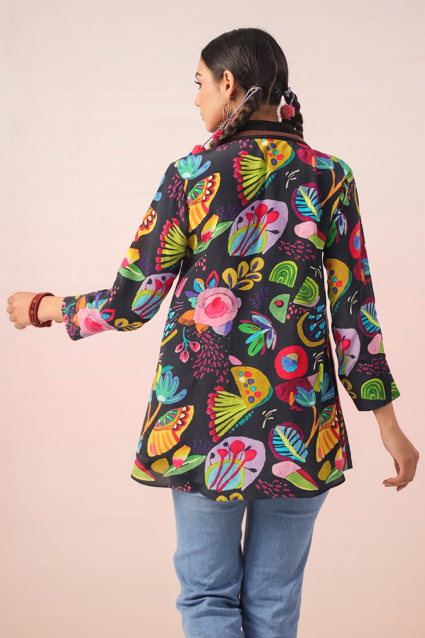 SummerFalling-Black Digital Printed Crepe Silk Short Top
