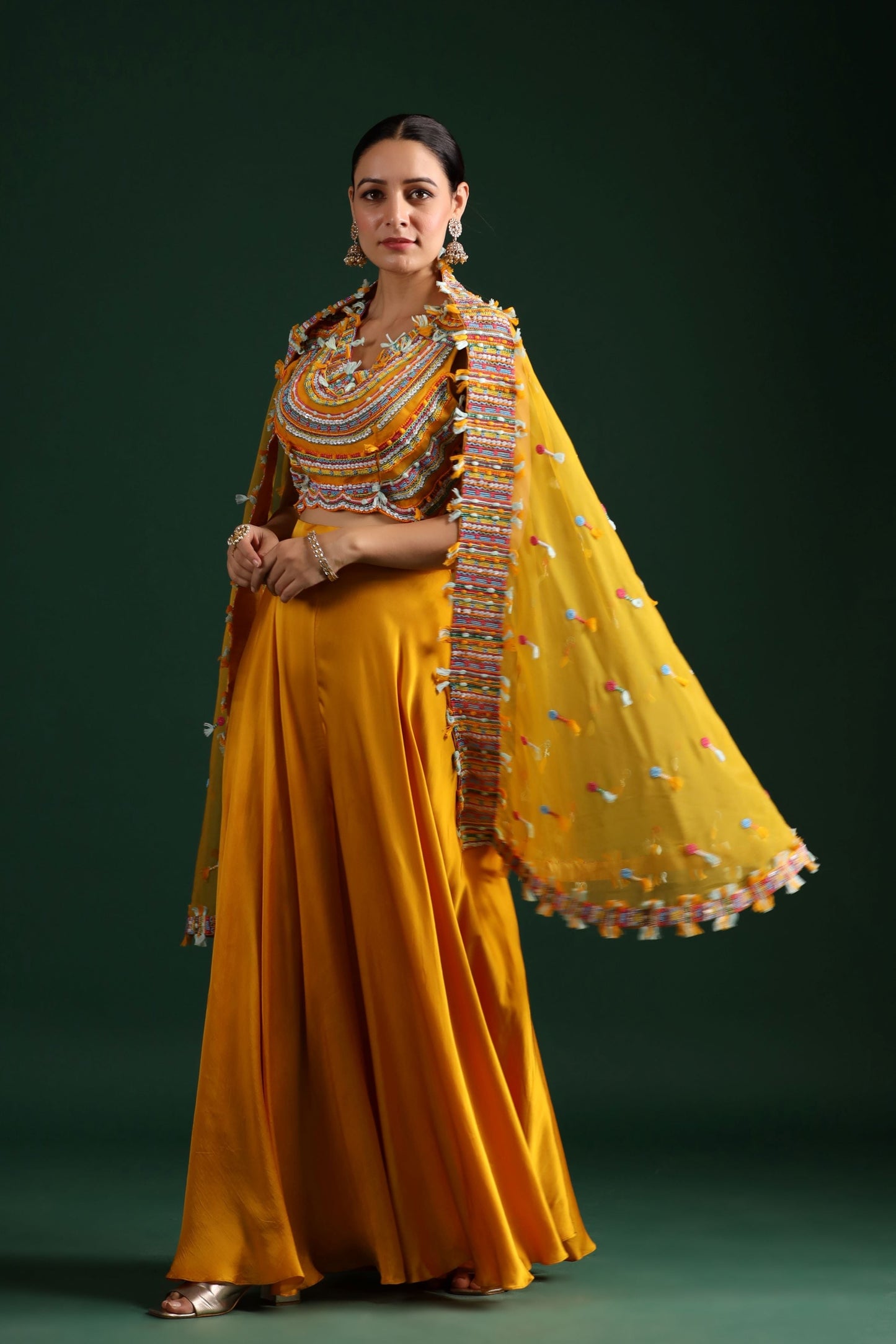 SummerFalling-Amber Yellow Embellished Cape Set