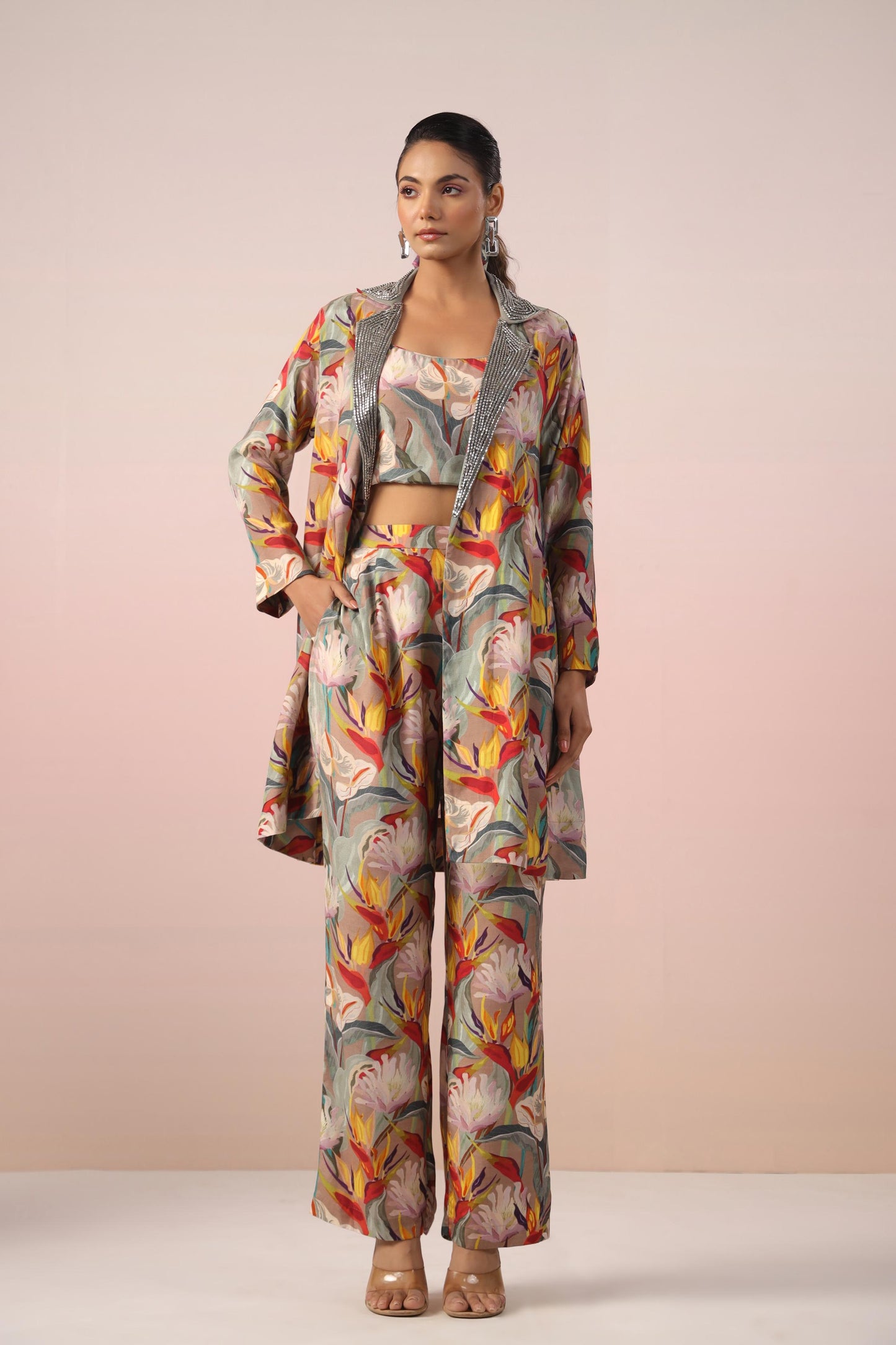SummerFalling-Beige Floral Printed Tafetta Himalayan Silk Jacket Co-Ord Set