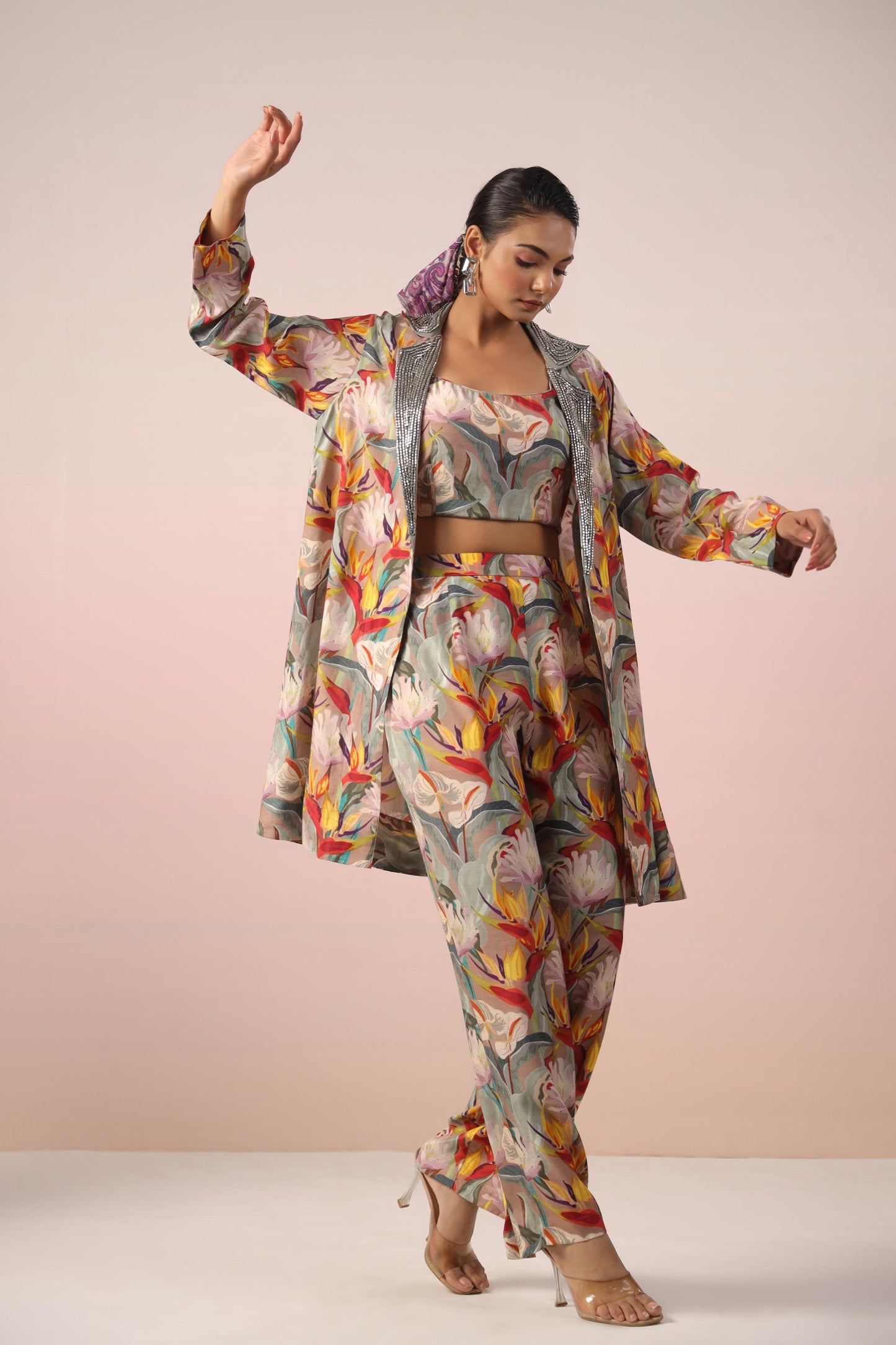 SummerFalling-Beige Floral Printed Tafetta Himalayan Silk Jacket Co-Ord Set