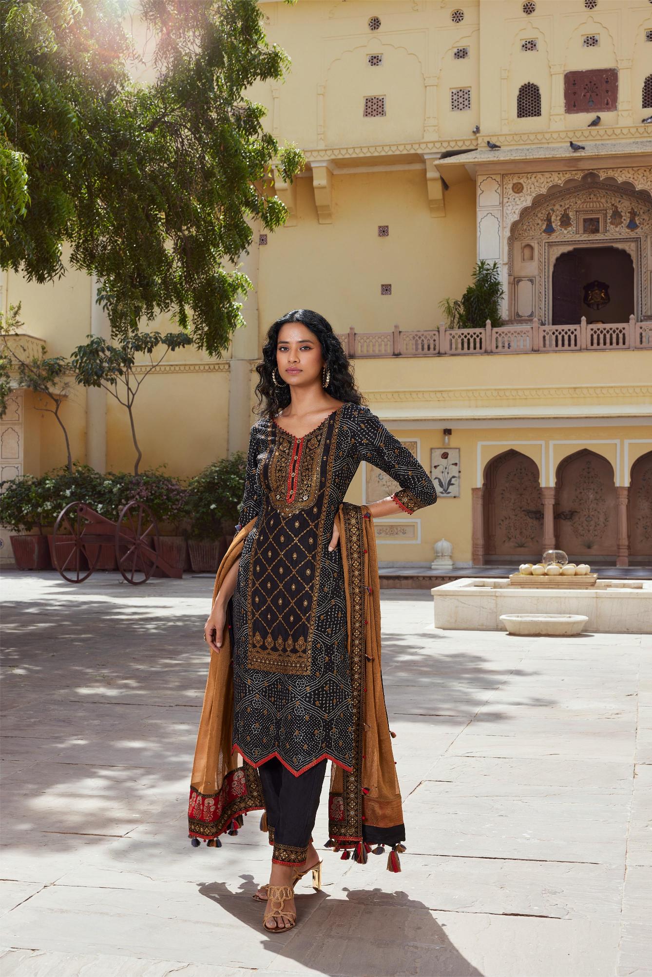 SummerFalling-Black Bandhej Printed Tussar Silk Pants Set