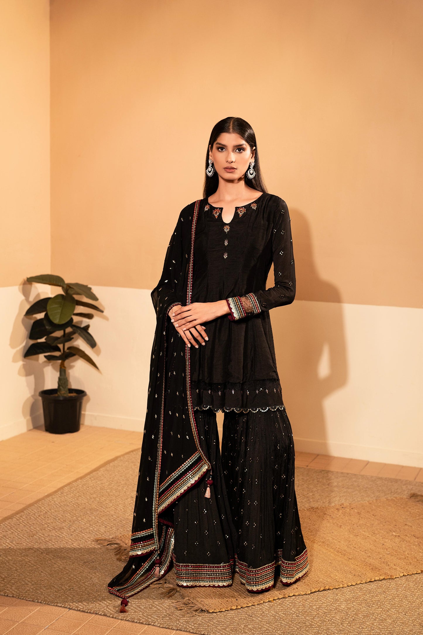 SummerFalling-Black Embellished Raw Silk Sharara Set