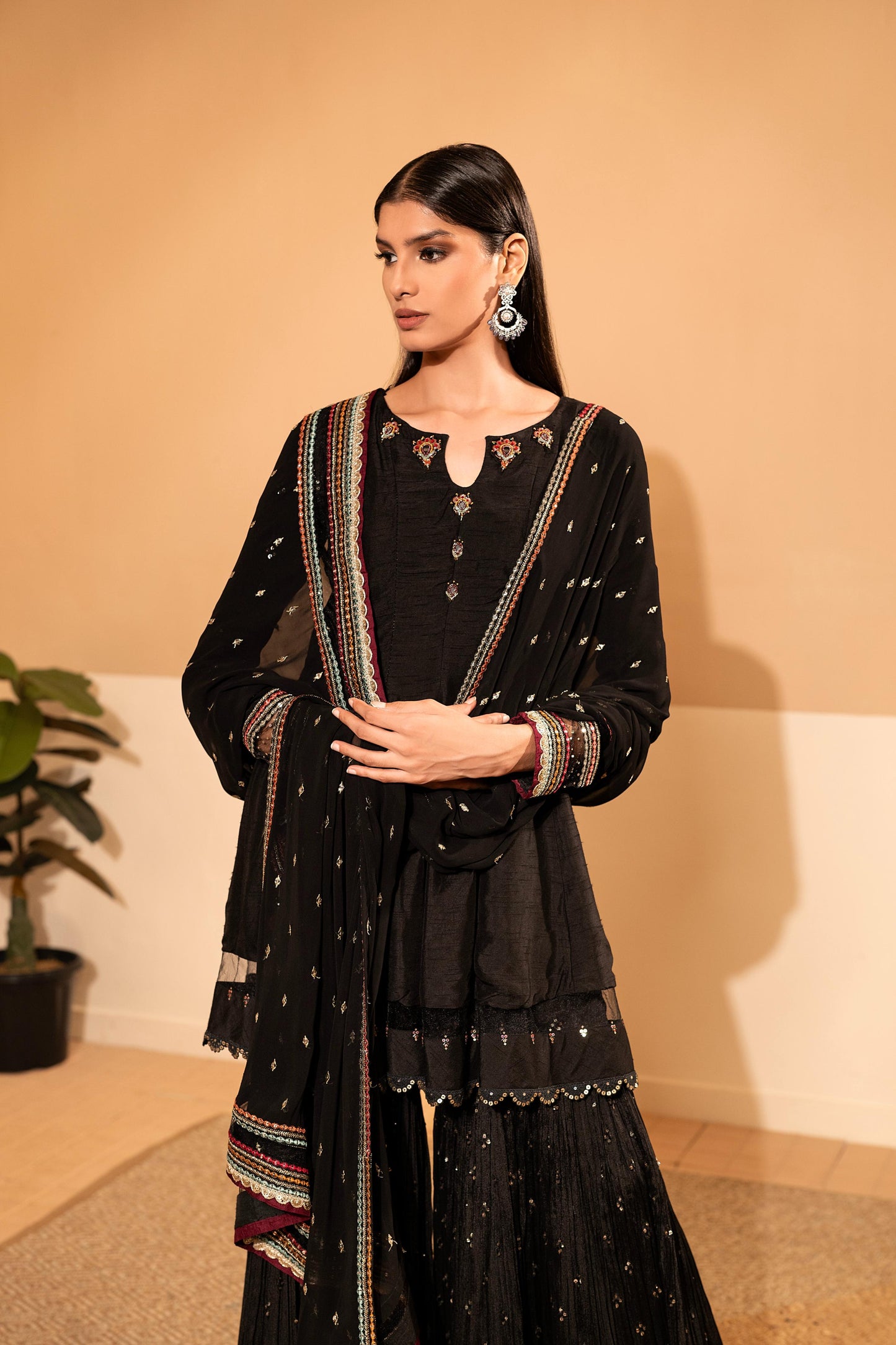 SummerFalling-Black Embellished Raw Silk Sharara Set