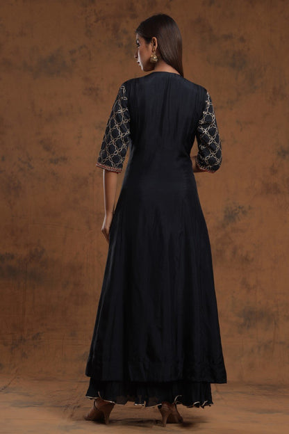 SummerFalling-Black Chanderi Silk Kalidar  Kurti With Embroidery