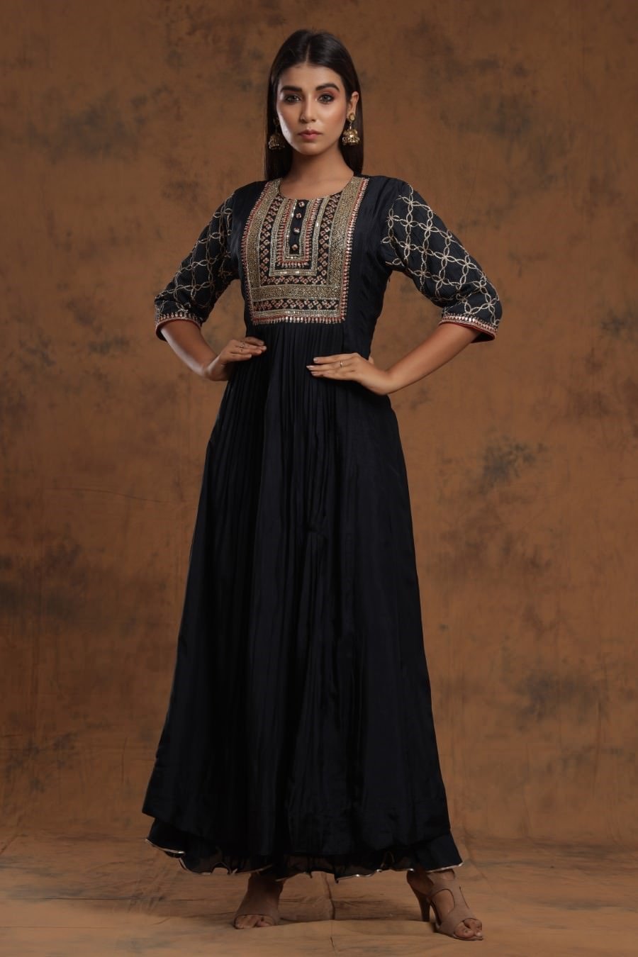 SummerFalling-Black Chanderi Silk Kalidar  Kurti With Embroidery