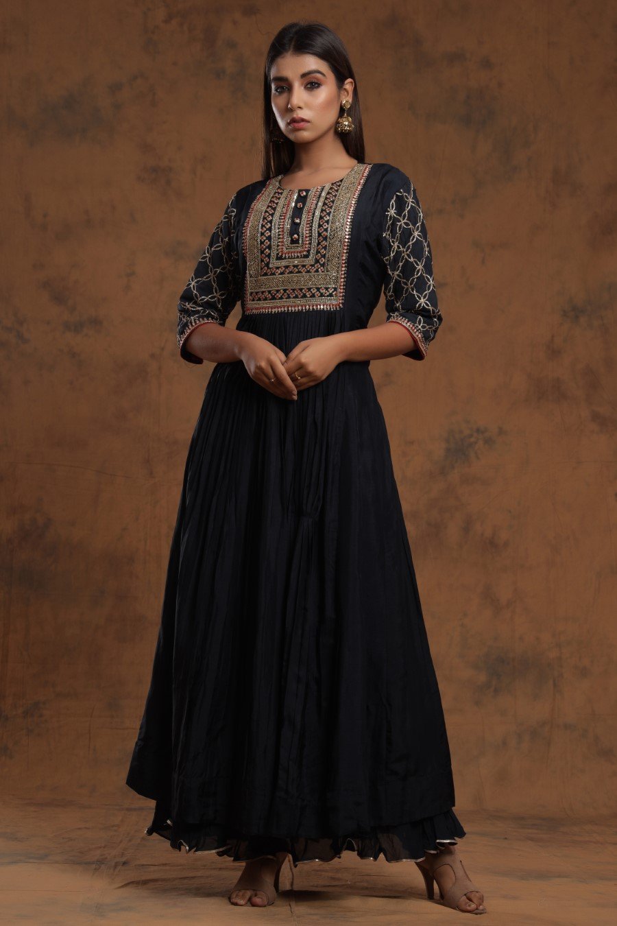 SummerFalling-Black Chanderi Silk Kalidar  Kurti With Embroidery