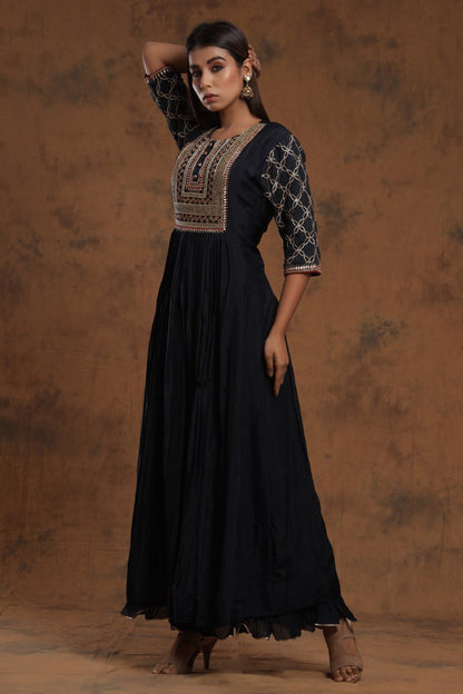 SummerFalling-Black Chanderi Silk Kalidar  Kurti With Embroidery