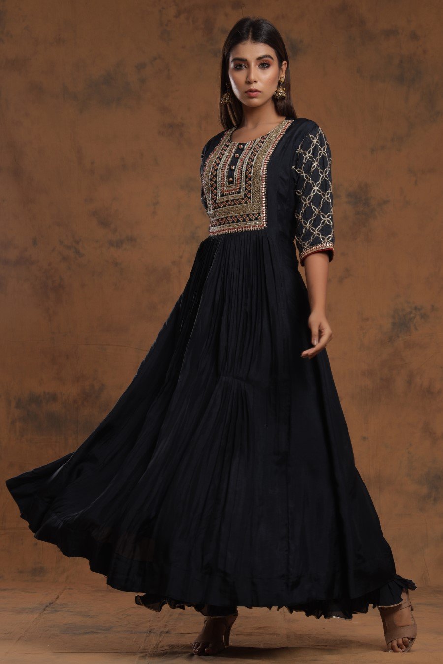 SummerFalling-Black Chanderi Silk Kalidar  Kurti With Embroidery