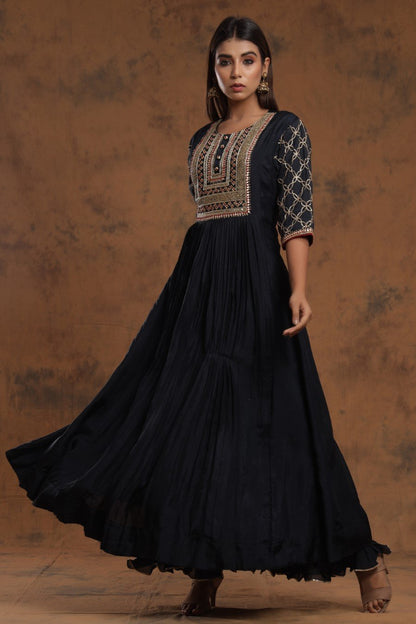 SummerFalling-Black Chanderi Silk Kalidar  Kurti With Embroidery