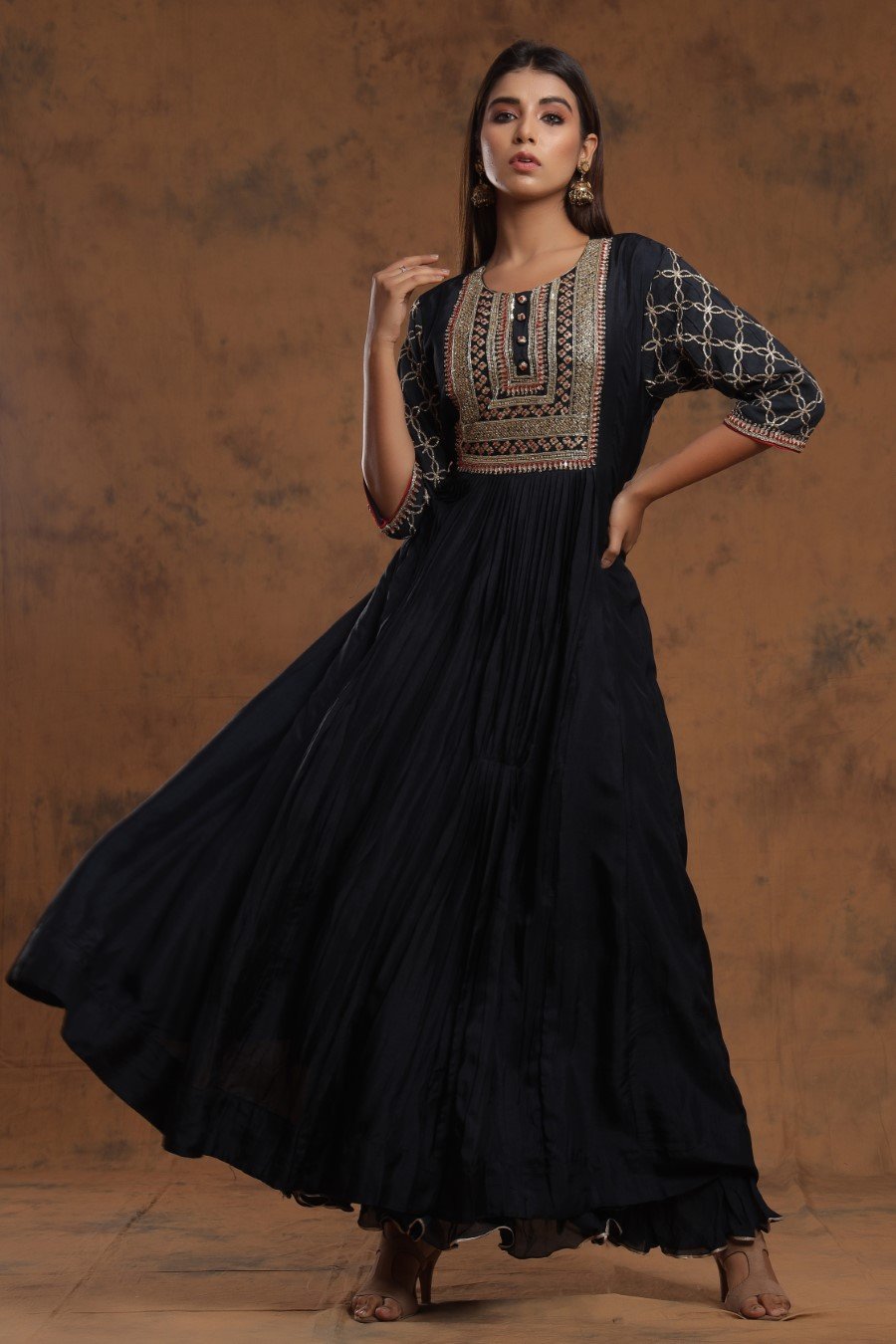 SummerFalling-Black Chanderi Silk Kalidar  Kurti With Embroidery