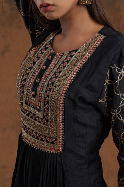 SummerFalling-Black Chanderi Silk Kalidar  Kurti With Embroidery
