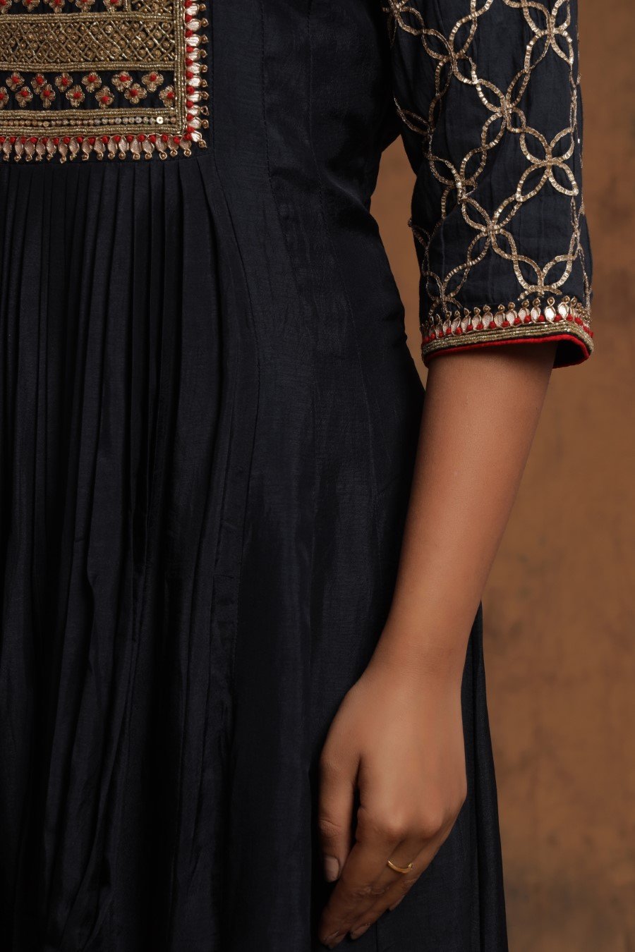 SummerFalling-Black Chanderi Silk Kalidar  Kurti With Embroidery