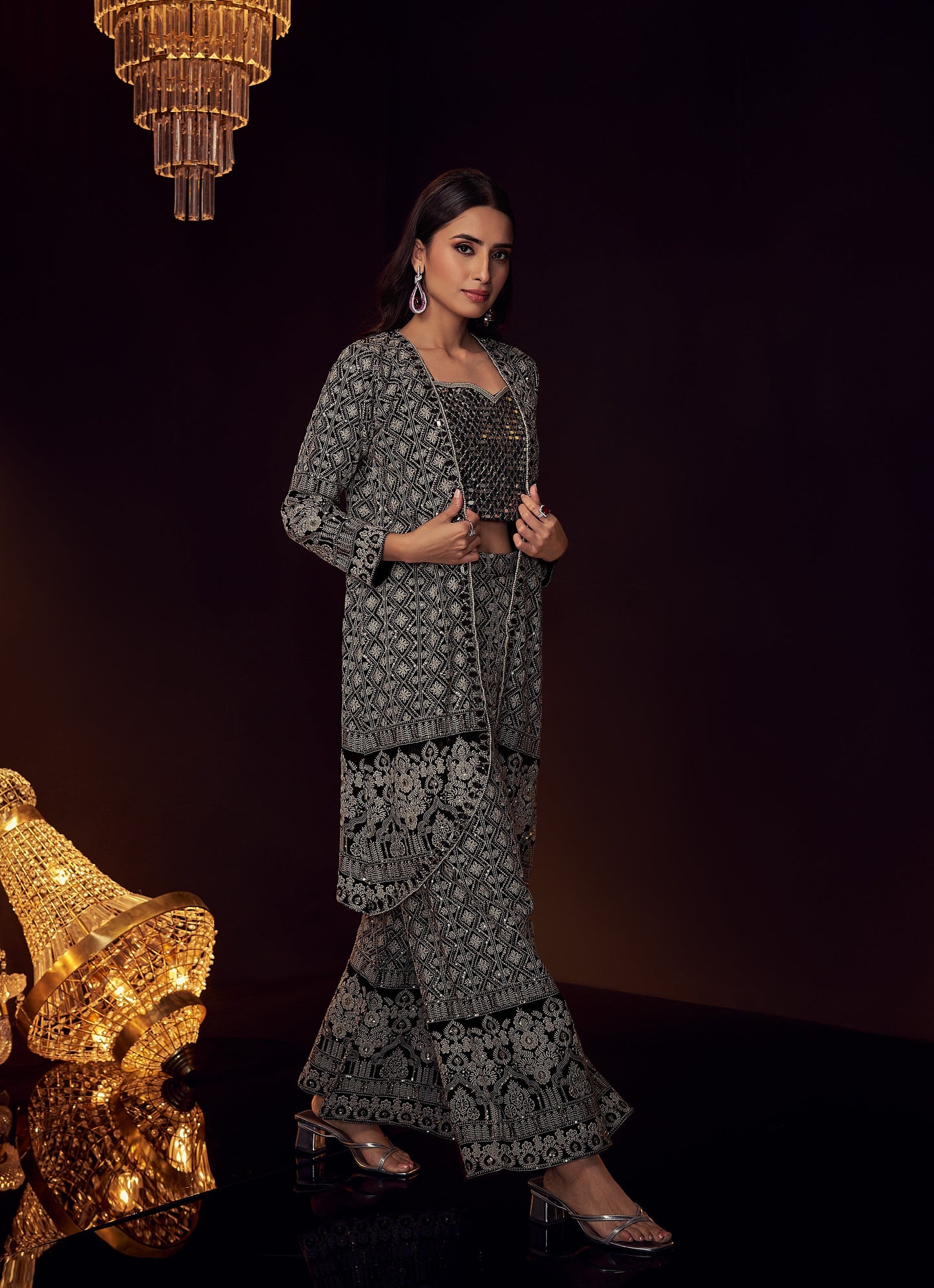 SummerFalling-Black Chic Chikankari Embroidered Georgette Silk Cape Set