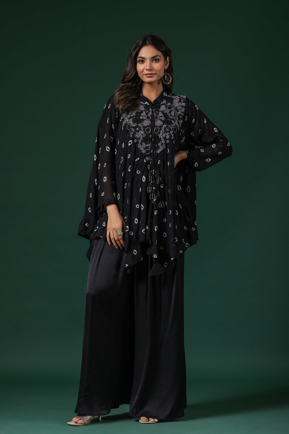 SummerFalling-Black Embellished Tie Dye Premium Chinon Silk Co-Ord Set