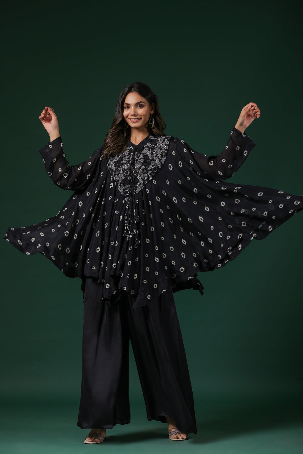 SummerFalling-Black Embellished Tie Dye Premium Chinon Silk Co-Ord Set