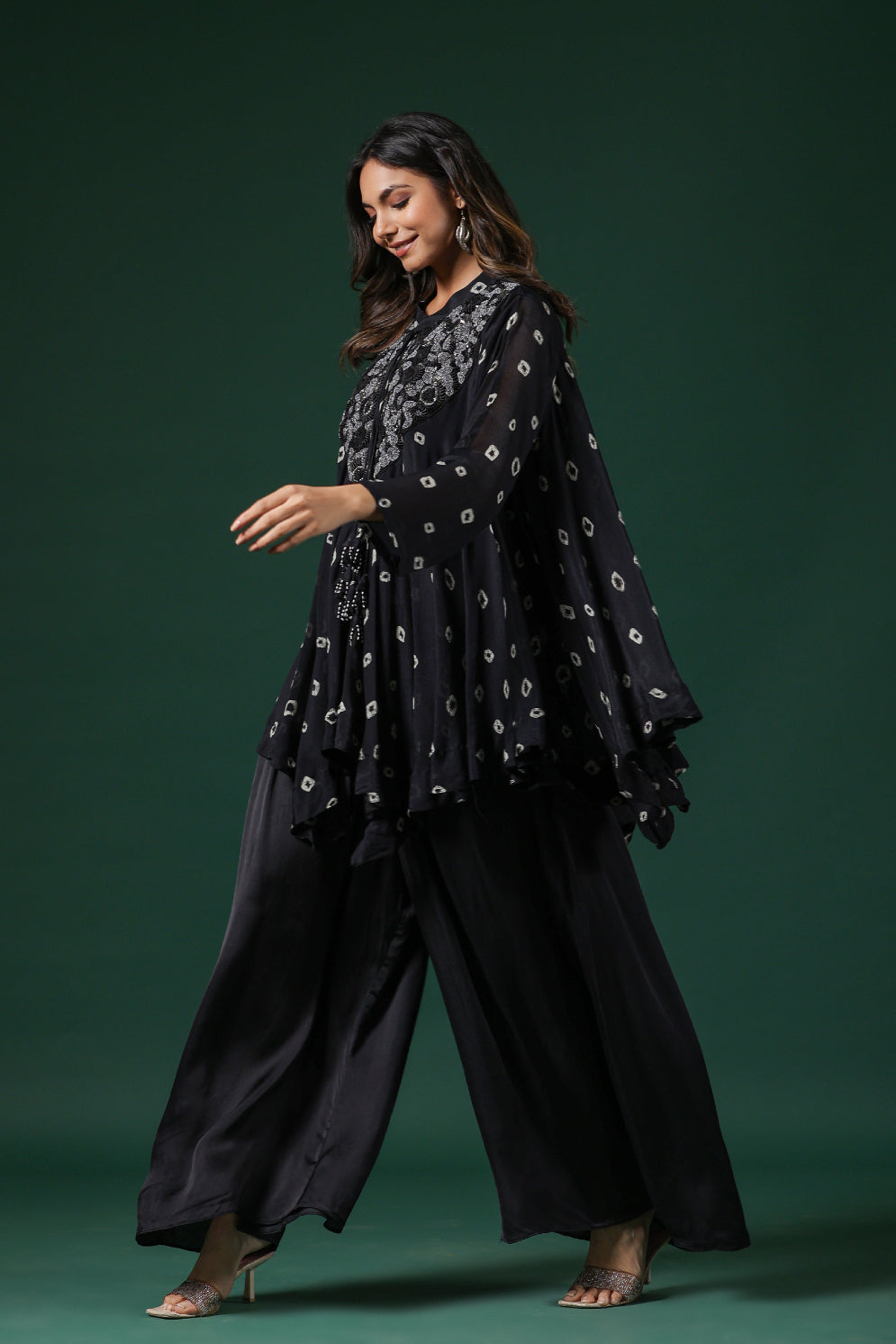 SummerFalling-Black Embellished Tie Dye Premium Chinon Silk Co-Ord Set