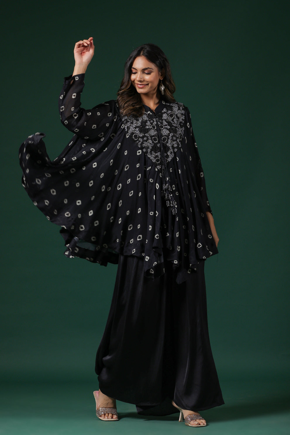 SummerFalling-Black Embellished Tie Dye Premium Chinon Silk Co-Ord Set