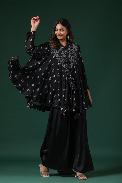 SummerFalling-Black Embellished Tie Dye Premium Chinon Silk Co-Ord Set