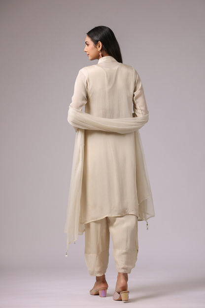 SummerFalling-Beige Gold Floral Embroidered Chinon Silk Cape Set