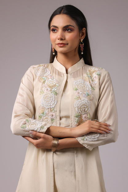 SummerFalling-Beige Gold Floral Embroidered Chinon Silk Cape Set