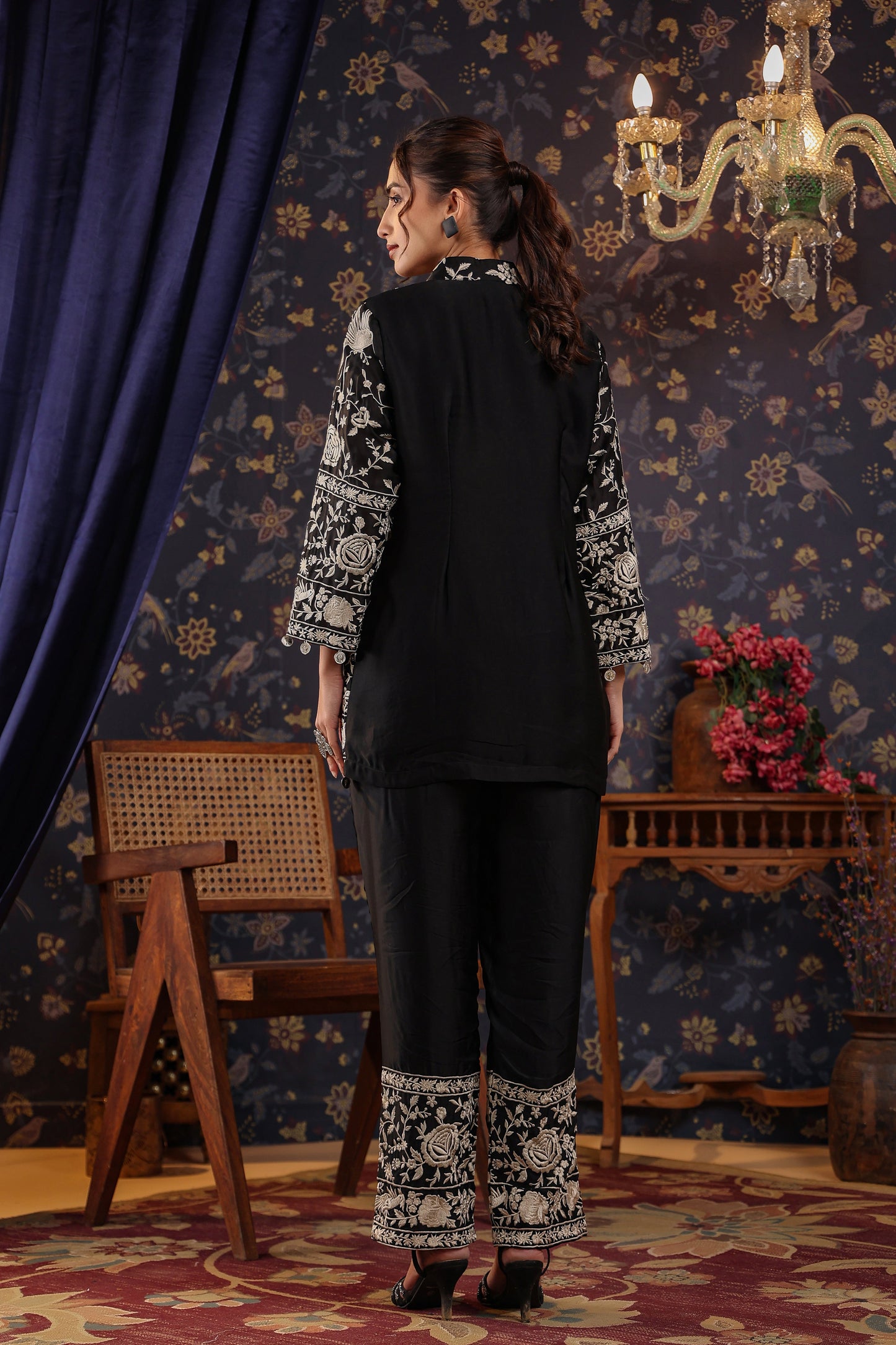 SummerFalling-Black Embroidered Chanderi Satin Silk Co-Ord Set