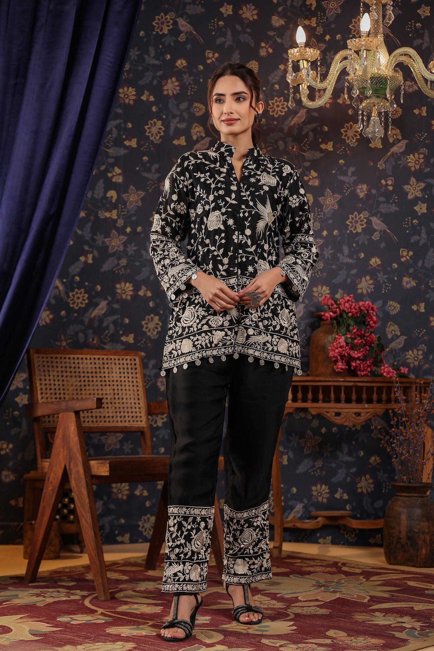 SummerFalling-Black Embroidered Chanderi Satin Silk Co-Ord Set