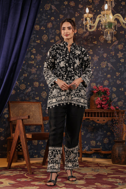 SummerFalling-Black Embroidered Chanderi Satin Silk Co-Ord Set