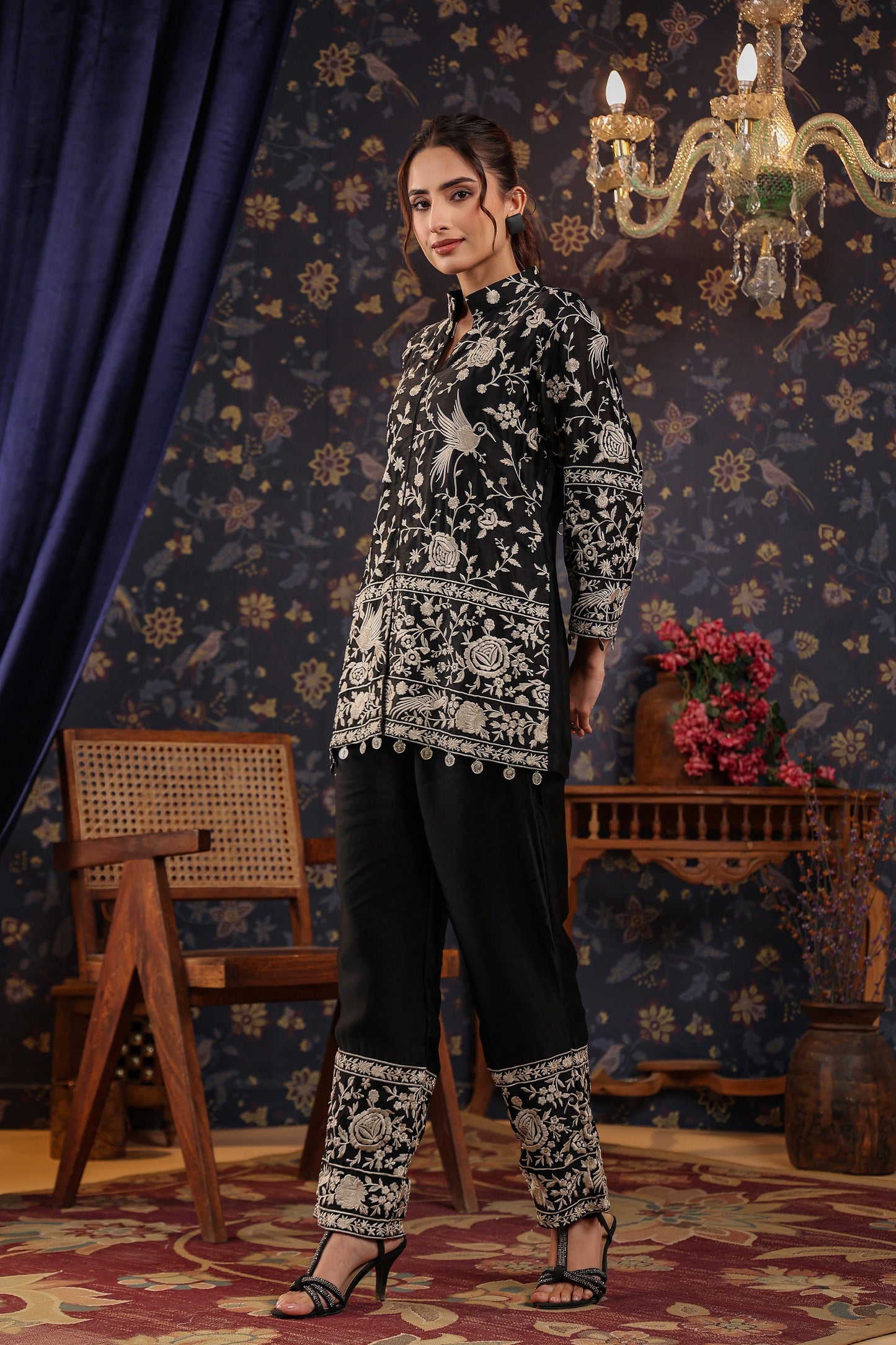 SummerFalling-Black Embroidered Chanderi Satin Silk Co-Ord Set