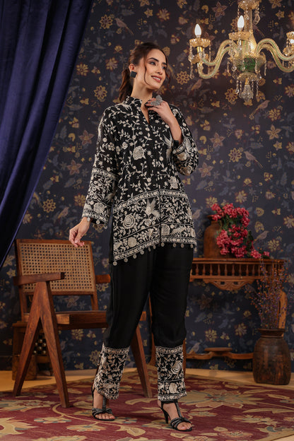 SummerFalling-Black Embroidered Chanderi Satin Silk Co-Ord Set