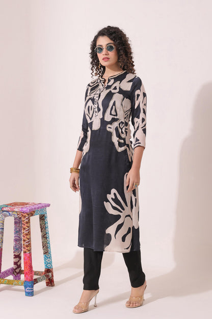 SummerFalling-Black Digital Printed Bamberg Satin Silk Pant Set